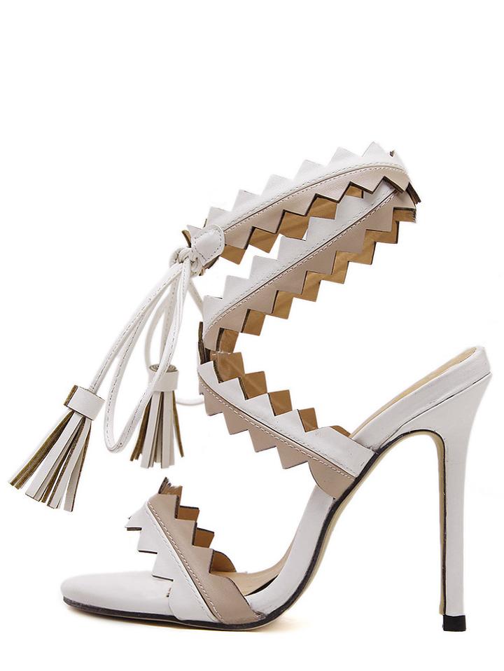 Romwe White Peep Toe Fringe Lace-up Heels