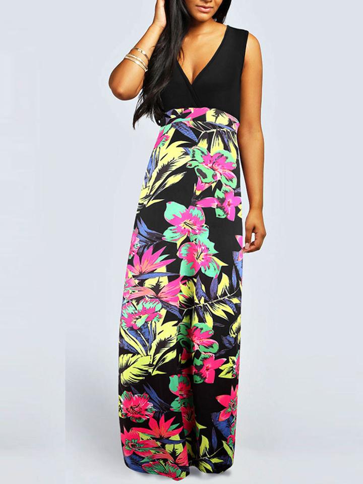 Romwe Sleeveless Plunge Neck Florals Maxi Dress