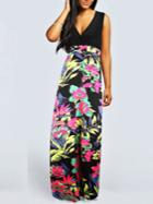 Romwe Sleeveless Plunge Neck Florals Maxi Dress