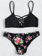 Romwe Floral Crisscross V Neck Bikini Set