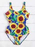 Romwe Sunflower Print Side Cutout Swimsuit