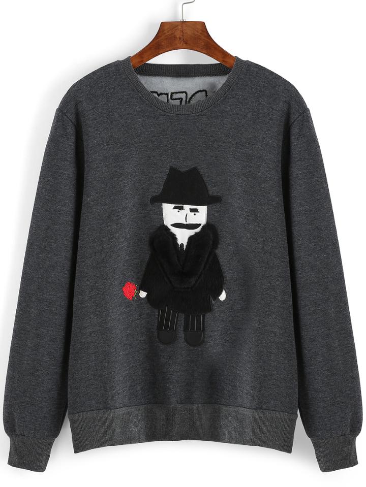 Romwe Cartoon Patch Letter Embroidered Grey Sweatshirt