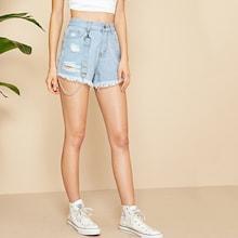 Romwe Ripped Raw Hem Chain Trim Denim Shorts