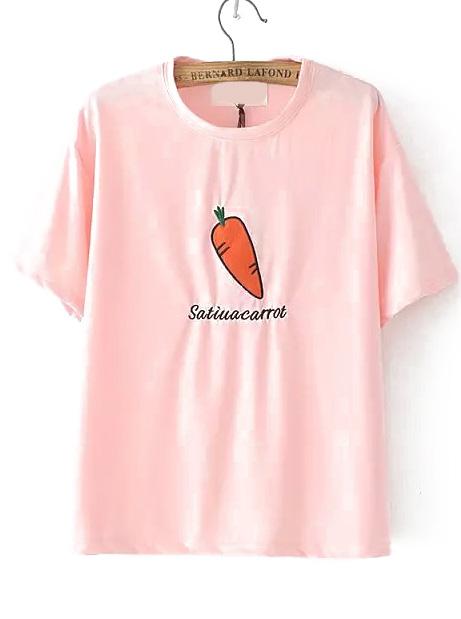 Romwe Carrot Letter Embroidered Pink T-shirt