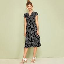 Romwe Polka Dot Knot Side Surplice Dress
