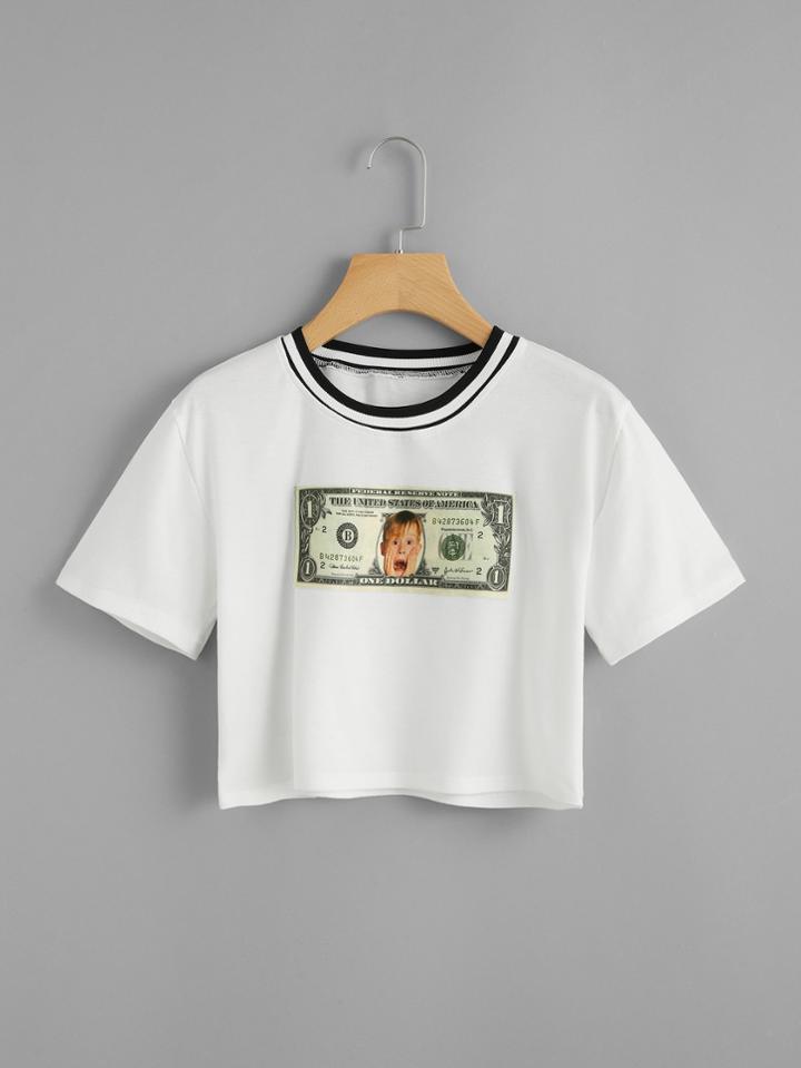 Romwe Striped Neck Graphic Print Crop Tee