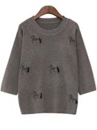 Romwe Horse Embroidered Grey Sweater