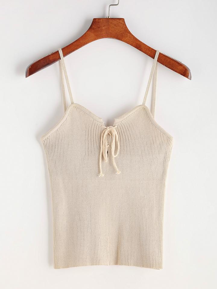 Romwe Apricot Lace Up Front Ribbed Knitted Cami Top