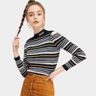 Romwe Striped Cold-shoulder Skinny Sweater