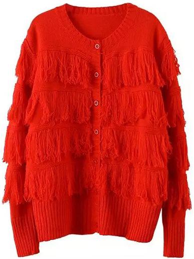 Romwe Round Neck Tassel Red Cardigan