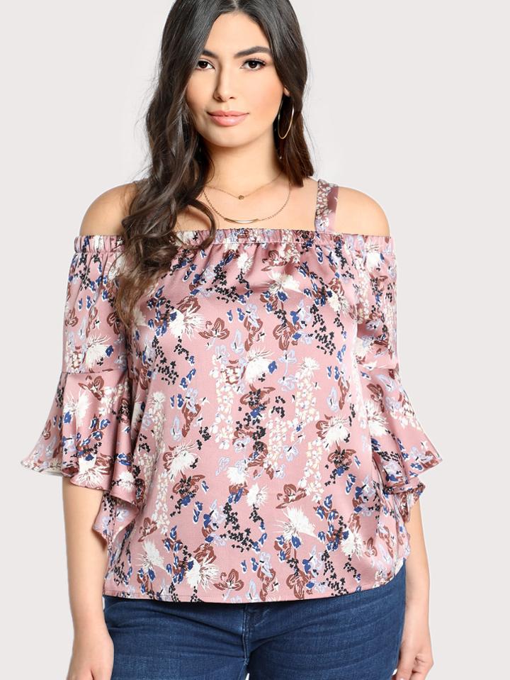 Romwe Cold Shoulder Trumpet Sleeve Botanical Top