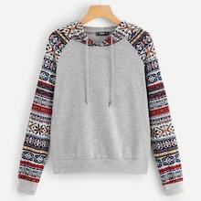 Romwe Geo Print Sleeve And Hood Heather Knit Sweatshirt
