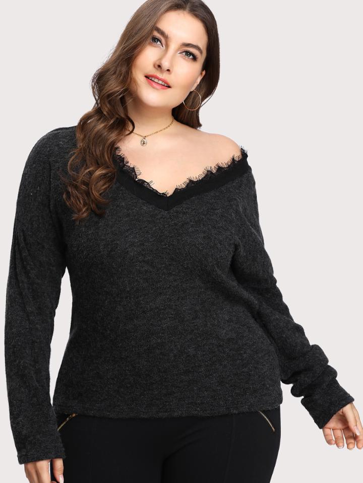 Romwe Contrast Eyelash Lace Marled Knit Sweater