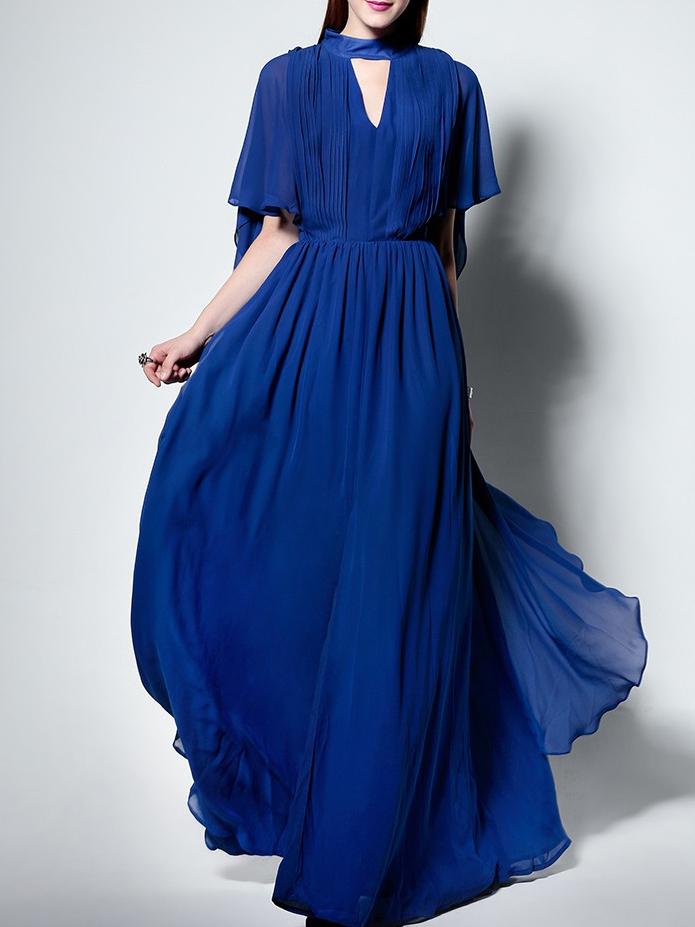 Romwe Blue Mock Neck Backless Ruffle Maxi Dress