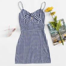 Romwe Knot Front Gingham Cami Dress