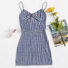 Romwe Knot Front Gingham Cami Dress