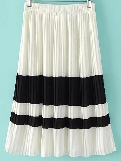 Romwe Black And White Color Block Pleated Skirt