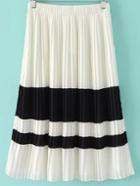 Romwe Black And White Color Block Pleated Skirt