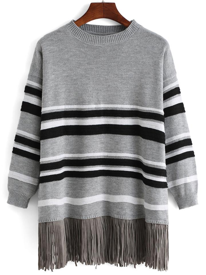Romwe Striped Fringe Loose Sweater