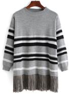 Romwe Striped Fringe Loose Sweater