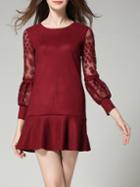 Romwe Wine Red Lace Sleeve Ruffle Hem Slim Dress