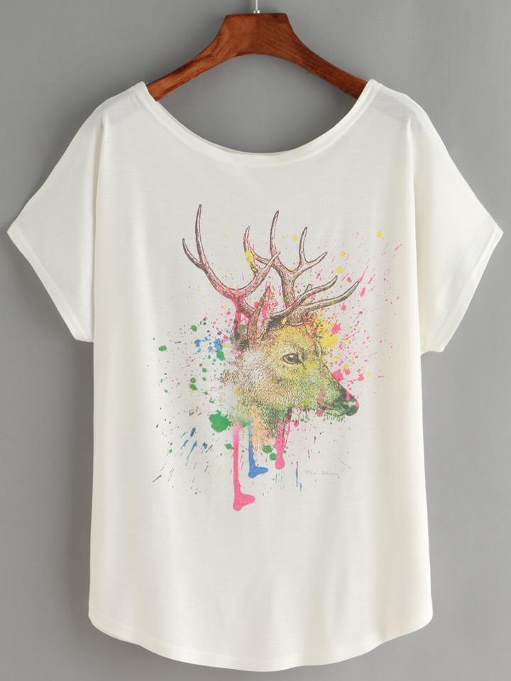 Romwe Deer Print White T-shirt