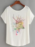 Romwe Deer Print White T-shirt