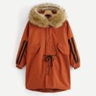 Romwe Drawstring Waist Tape Detail Hooded Coat