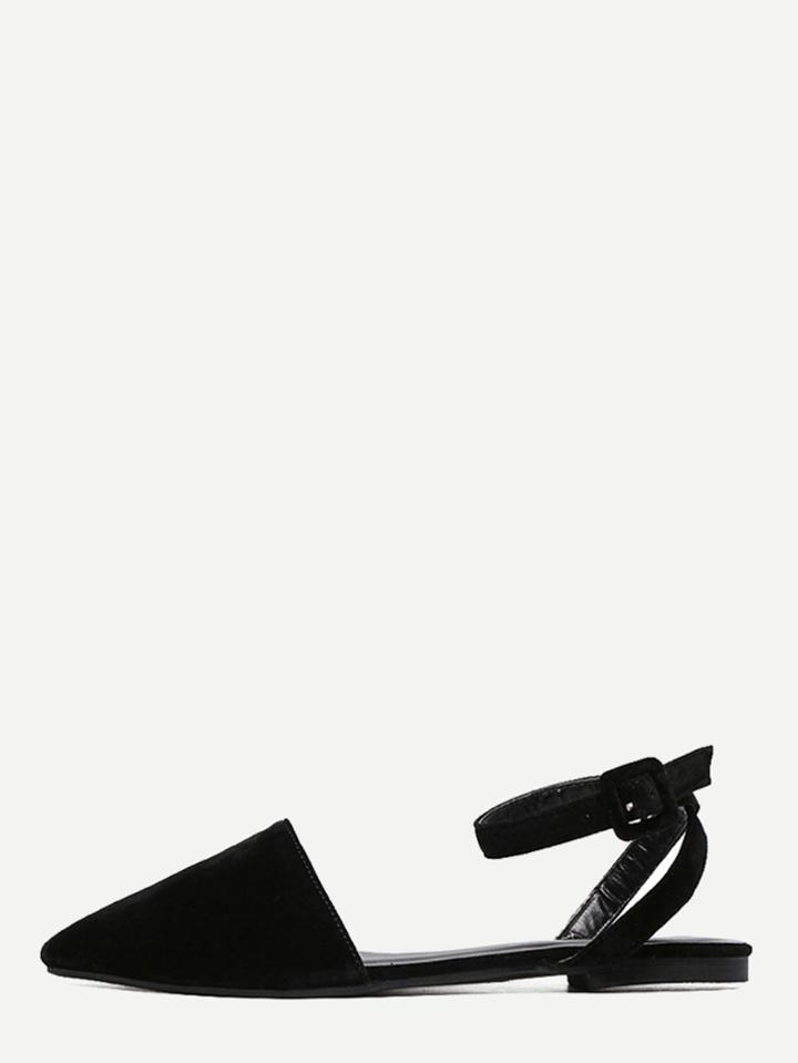 Romwe Black Faux Suede Point Toe Ankle Strap Flat Slingbacks