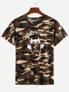 Romwe Bat Print Camouflage T-shirt - Olive Green