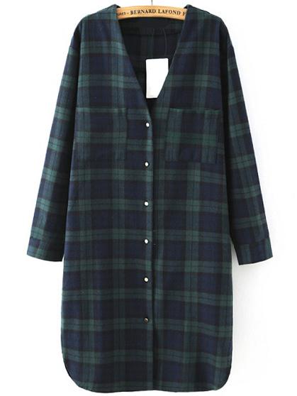 Romwe V Neck Plaid Green Shirt Dress