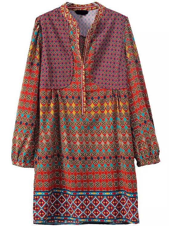 Romwe V Neck Long Sleeve Vintage Print Shirt Dress