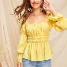 Romwe Square Neck Elasticized Sleeve Shirred Peplum Top