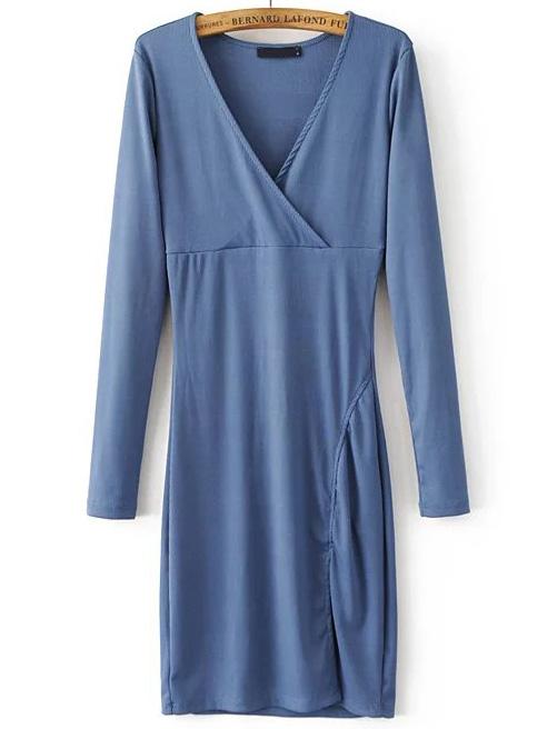 Romwe Blue Ribbed V Neck Slit Dress