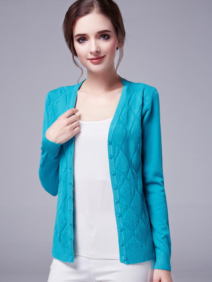 Romwe V Neck Diamond Buttons Blue Cardigan