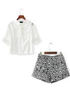 Romwe Stand Collar Hollow Top With Geometric Print Shorts