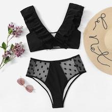 Romwe Ruffle Top With Polka Dot Contrast Mesh Bikini