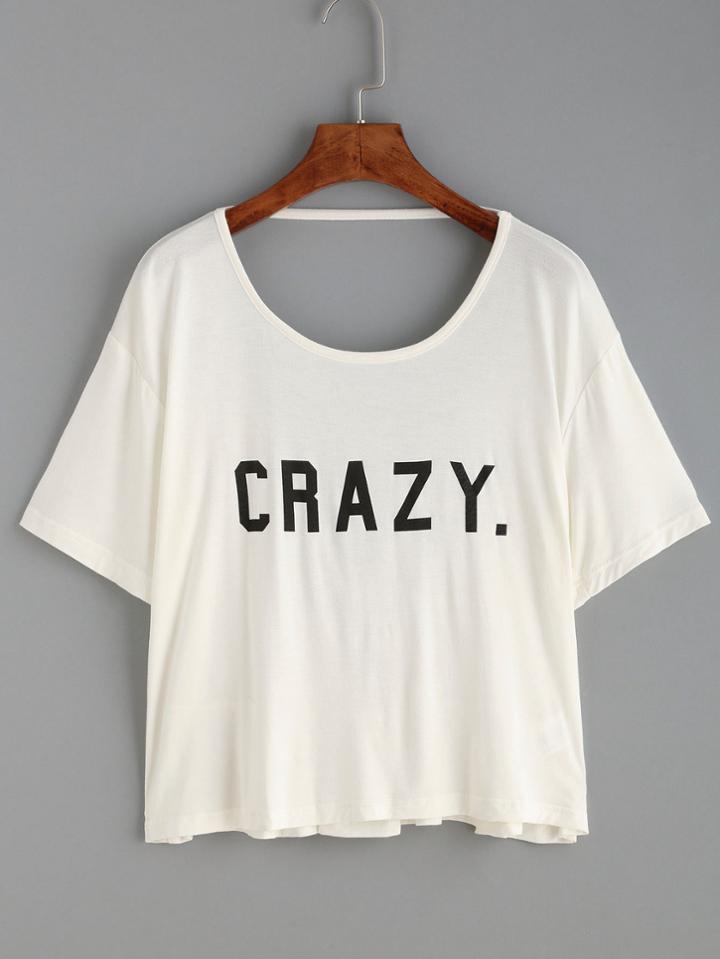 Romwe White Letter Print Ruffled Open Back T-shirt