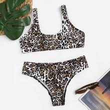 Romwe Leopard Scoop Neck Top With Cheeky Bikini Set