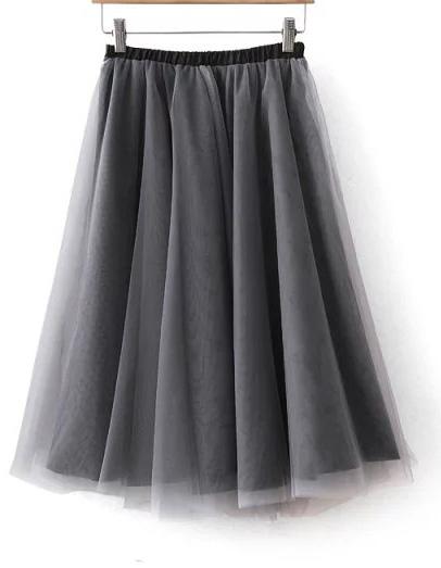 Romwe Elastic Waist Mesh Pleated Grey Skirt