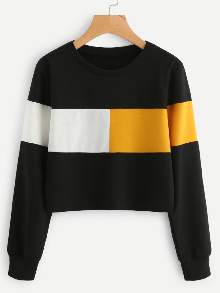 Romwe Contrast Panel Crop Sweatshirt