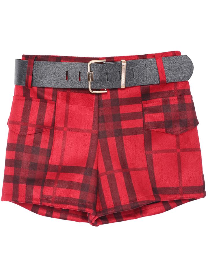 Romwe Plaid Zipper Belt Red Shorts