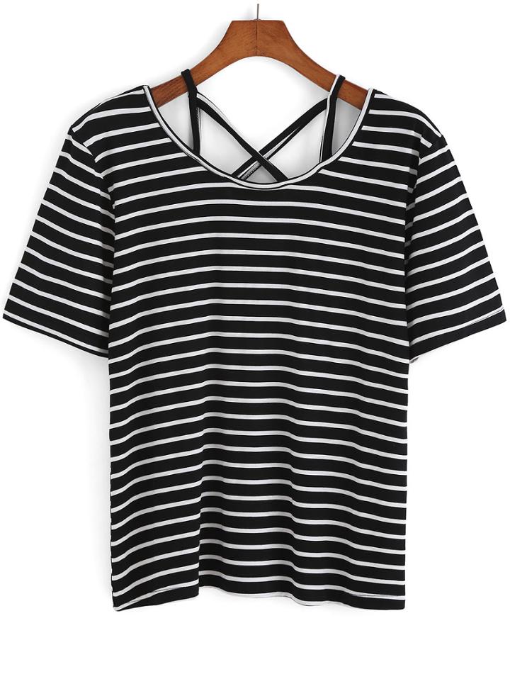 Romwe Halter Hollow Striped T-shirt