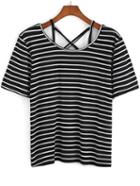 Romwe Halter Hollow Striped T-shirt