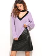 Romwe Purple Ribbed Knit Contrast Choker Neck Sweater