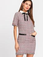 Romwe Contrast Bow Neck Fringe Trim Tweed Dress
