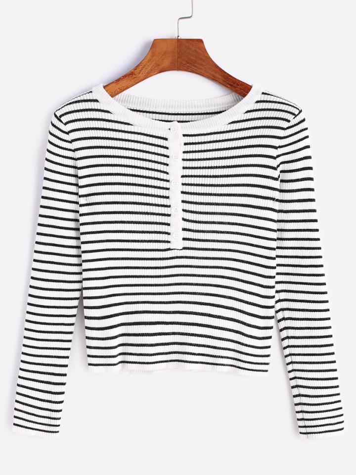 Romwe White Striped Button Front Crop Knitwear