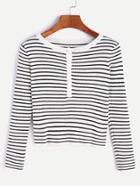 Romwe White Striped Button Front Crop Knitwear