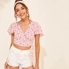 Romwe Flutter Sleeve Ditsy Floral Print Wrap Crop Top