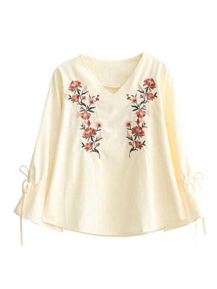 Romwe Embroidery Flower Drawstring Sleeve V Cut Blouse